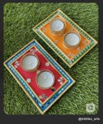 Rectangular Twin-Diya Tray Set of 2 – Red & Mustard - view 1