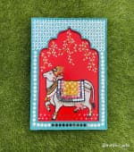 Sacred Cow in Crimson Jharokha Wall Frame – Teal Border - view 1