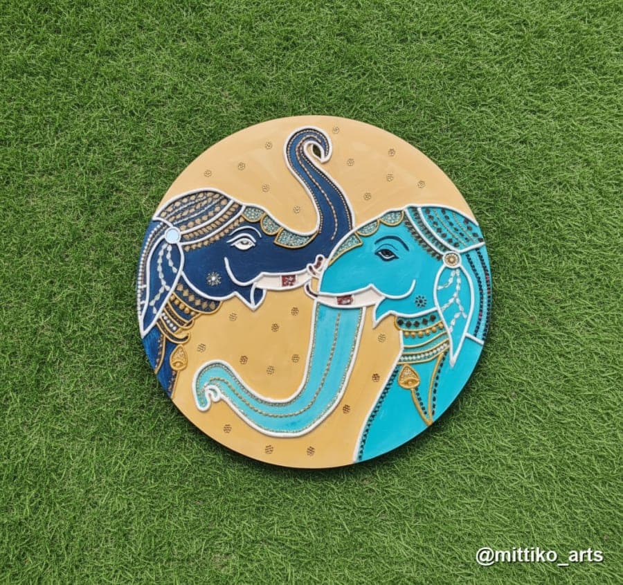 Twin Elephant Mandala Wall Plate – Royal Blue & Turquoise