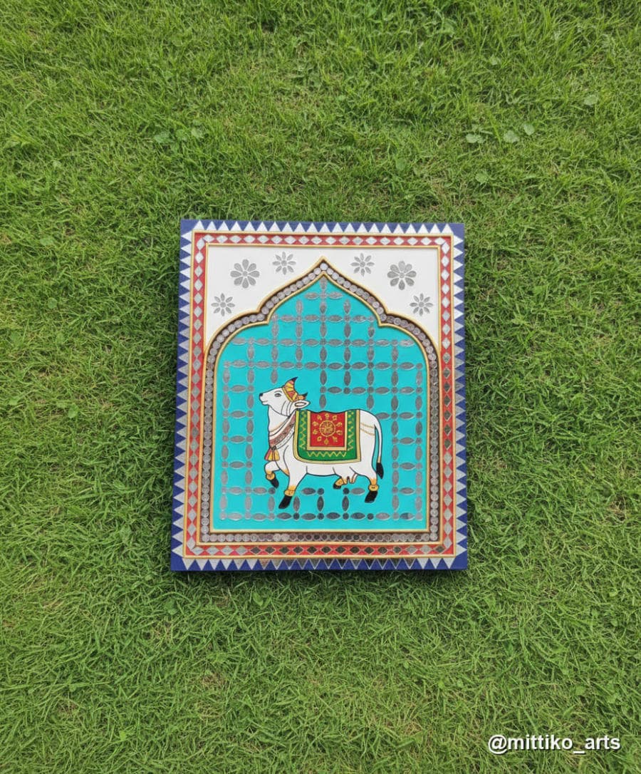Cow in Jharokha Wall Art – Blue & Turquoise Mosaic Frame
