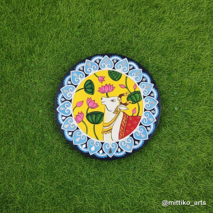 Pichwai Cow & Lotus Circular Wall Plate – Yellow & Blue