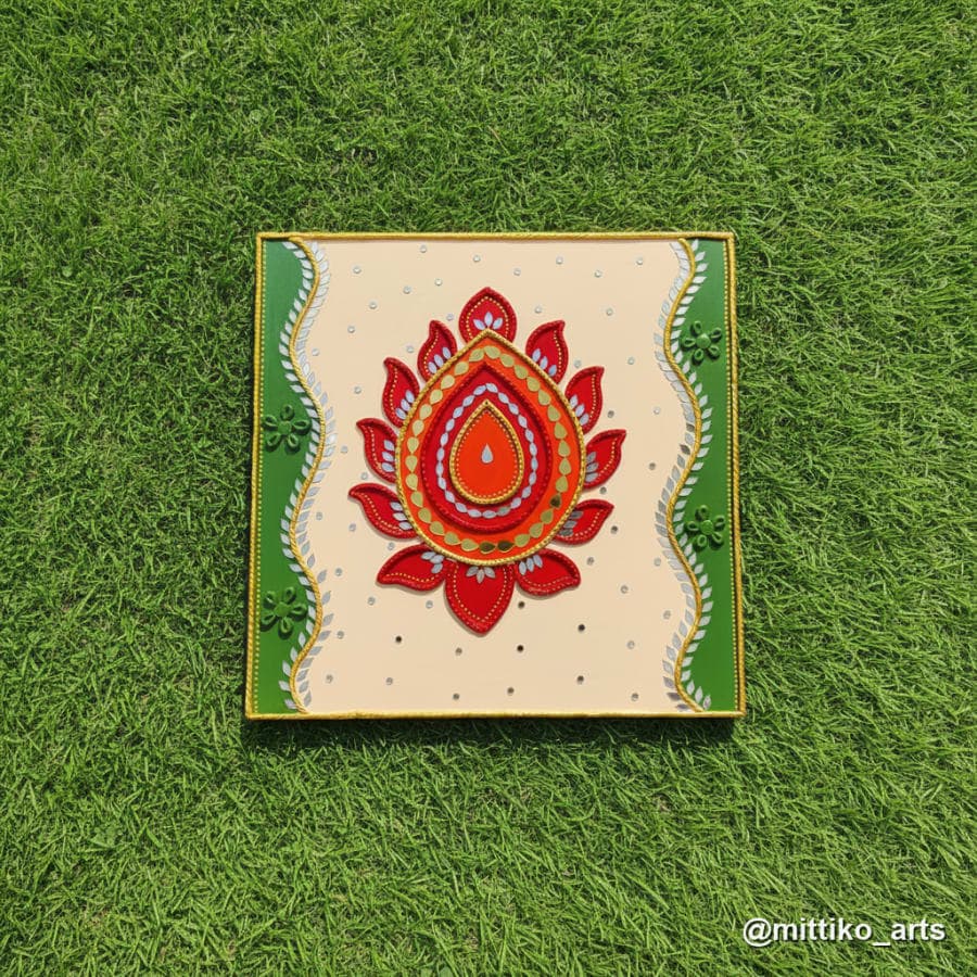Rangoli-style Red Lotus Square Wall Panel