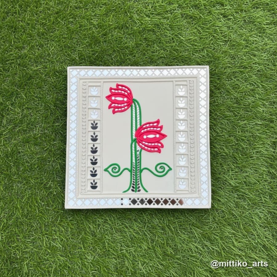 Red Lotus & Vine Square Wall Decor with Mirror Border