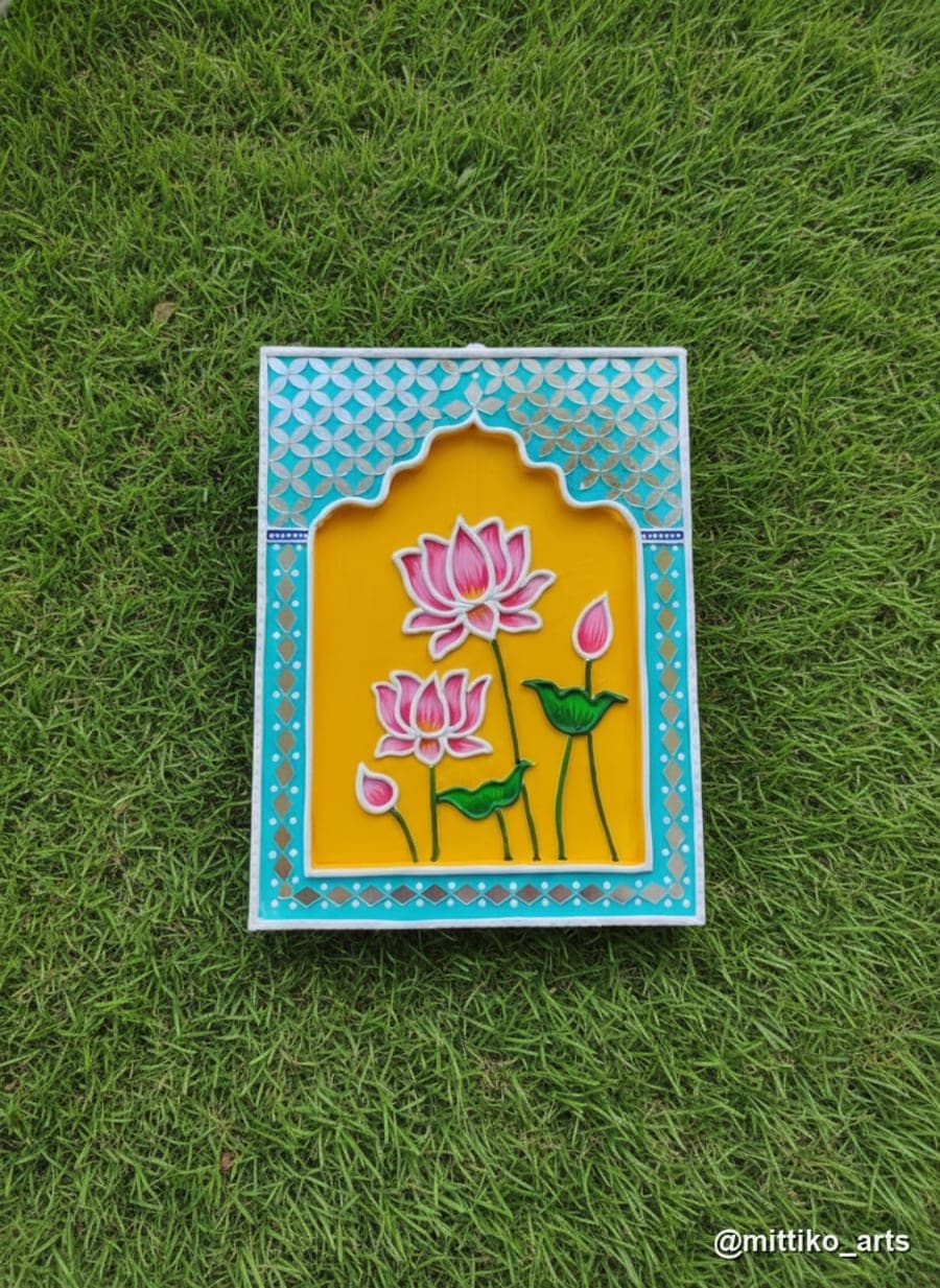 Pink Lotus in Yellow Jharokha – Turquoise Mosaic Frame