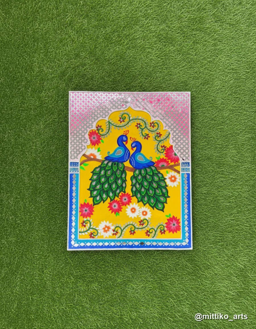 Twin Peacock in Jharokha – Hand-painted Wall Art