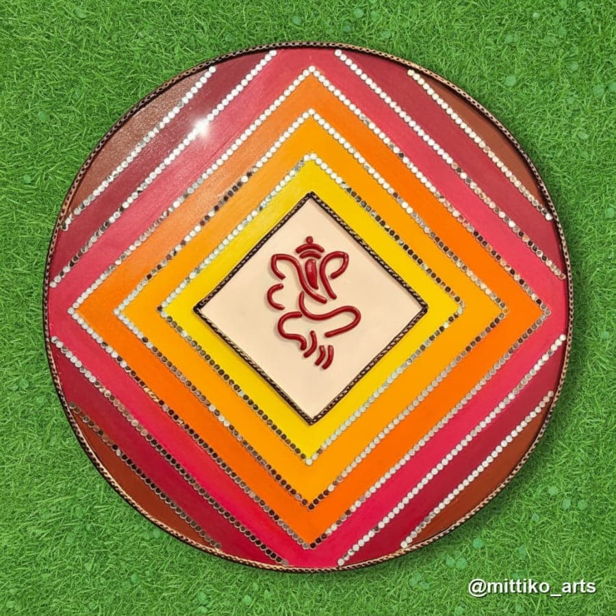 Ganesha Diamond Mandala Round Wall Plate – Warm Sunset