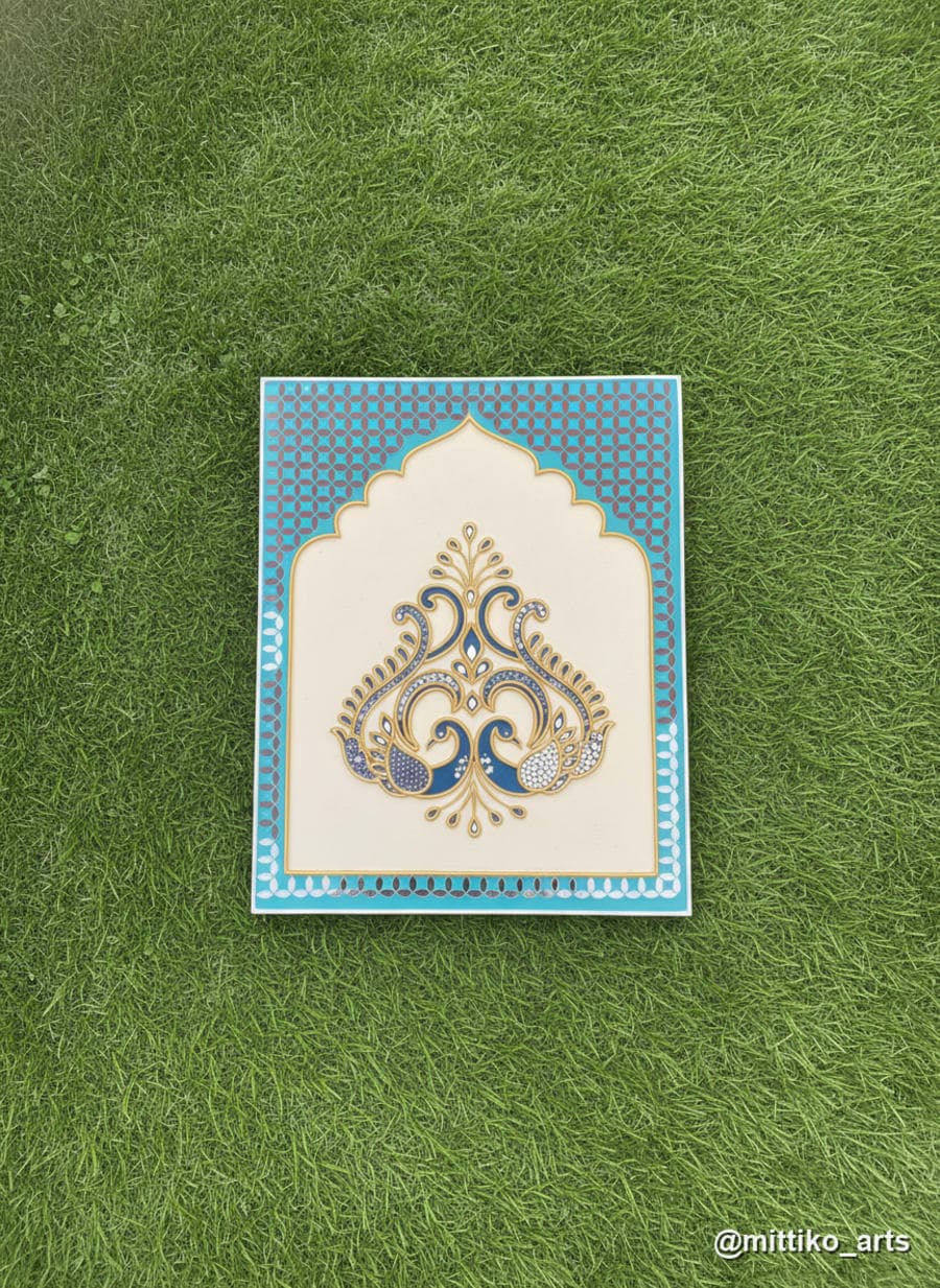 Teal Jharokha with Wooden Filigree Insert – Wall Panel