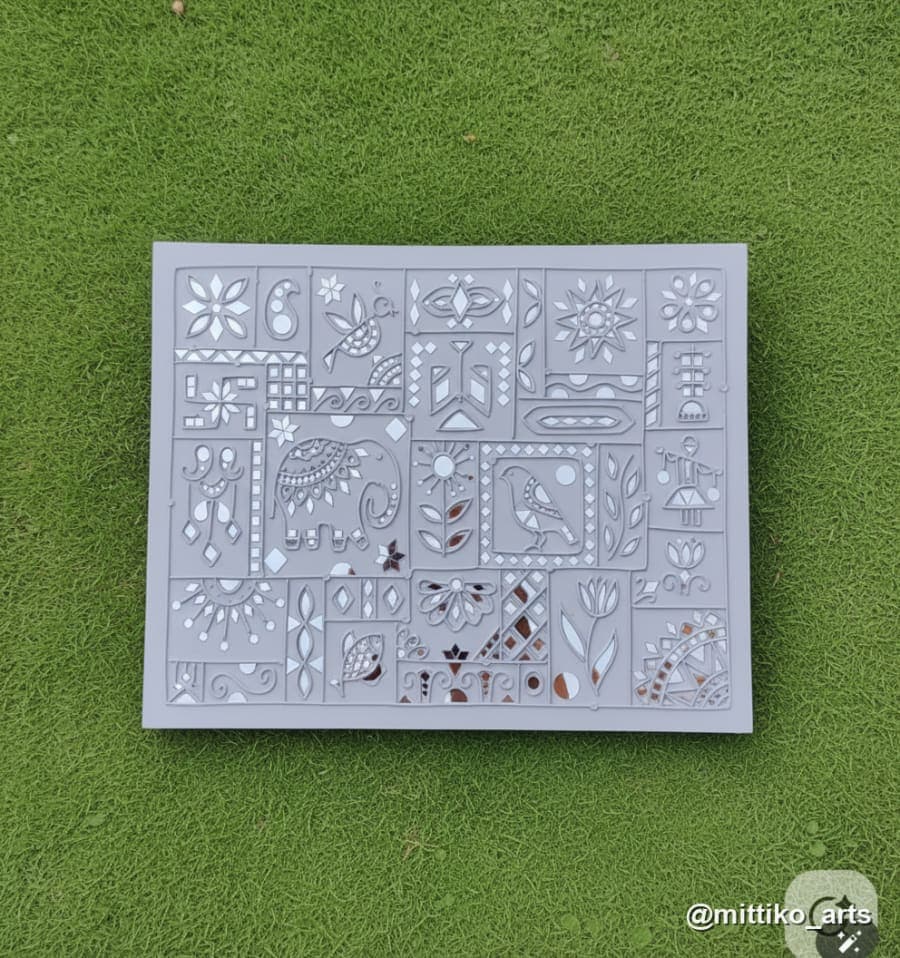 White Alpana Folk Motif Wall Panel with Mirror Inlay