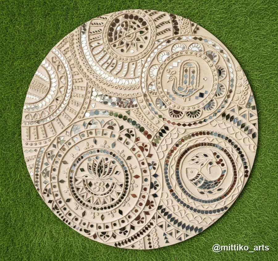 Auspicious Mandala Circular Wall Plate – Cream & Mirror