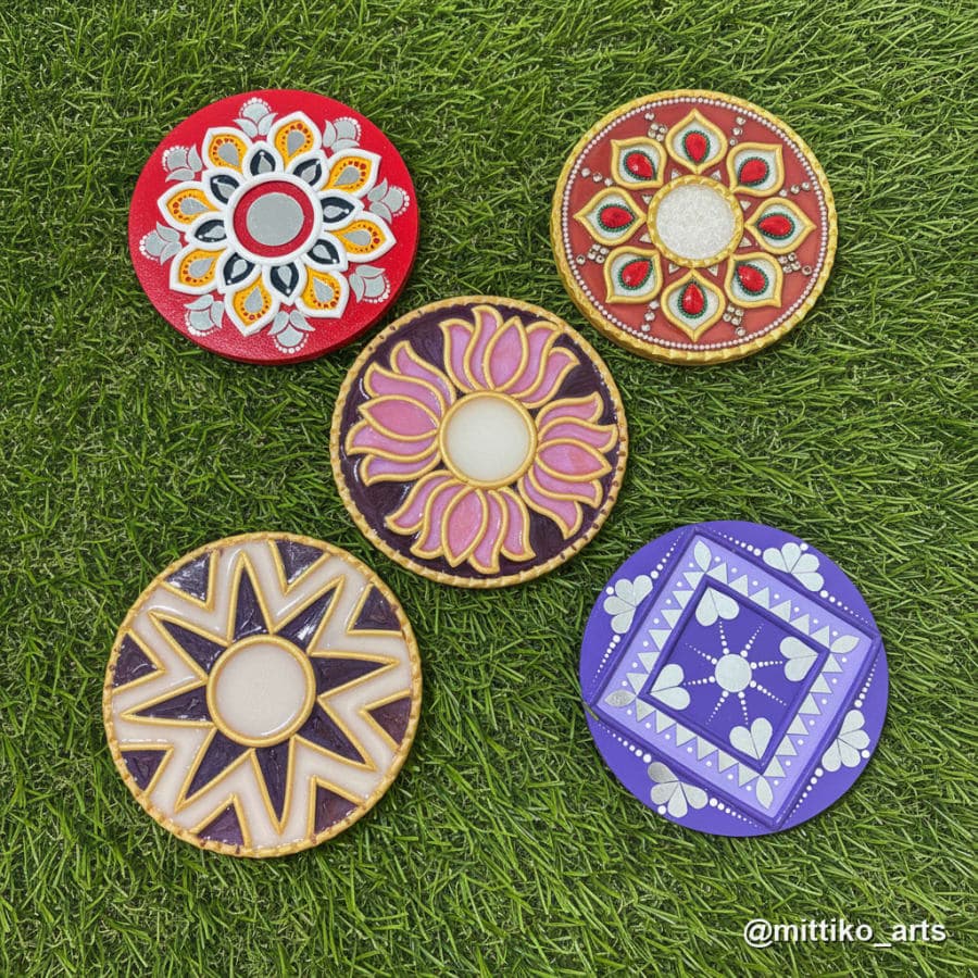 Festive Diya Plate Set of 5 – Multicolour Hand-painted Tealights