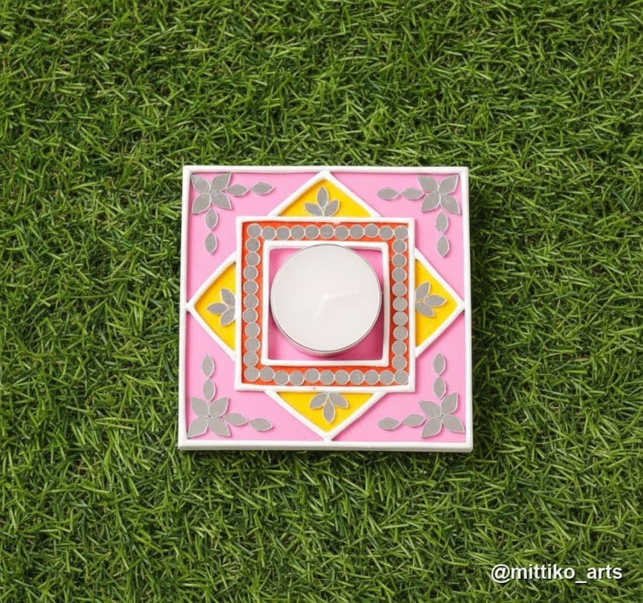 Pink Diamond Mosaic Diya Plate Set of 4 – Square 6 inch