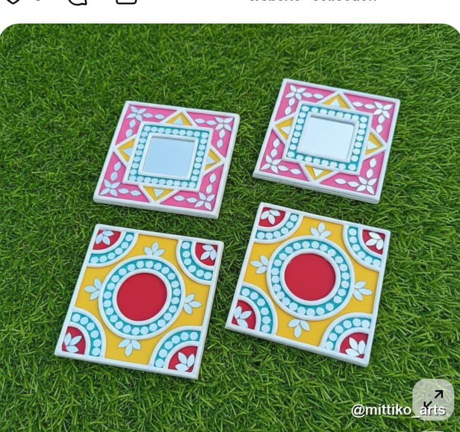 Mosaic Square Diya Plate Set of 4 – Mustard & Pink Mix