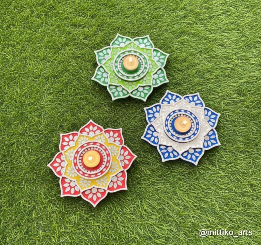 Lotus Sun Diya Plate Set of 3 – Red, Blue & Yellow