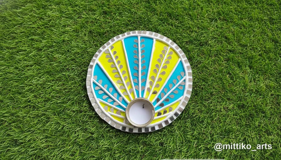 Sunburst Mosaic Diya Plate Set of 2 – Yellow & Aqua 4 inch
