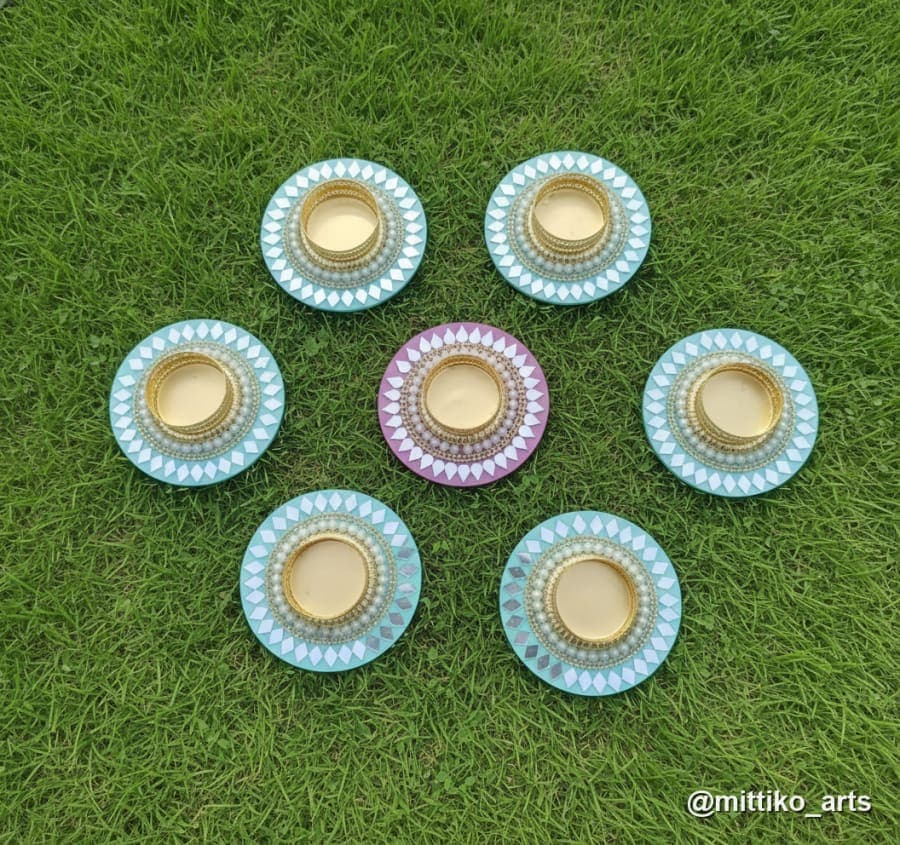 Pastel Mirror Mosaic Diya Plate Set of 4 – 6 inch