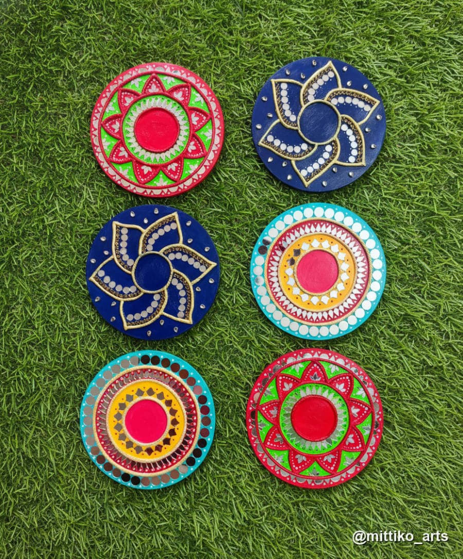 Mandala Diya Plate Set of 6 – Multicolour Festive Variety