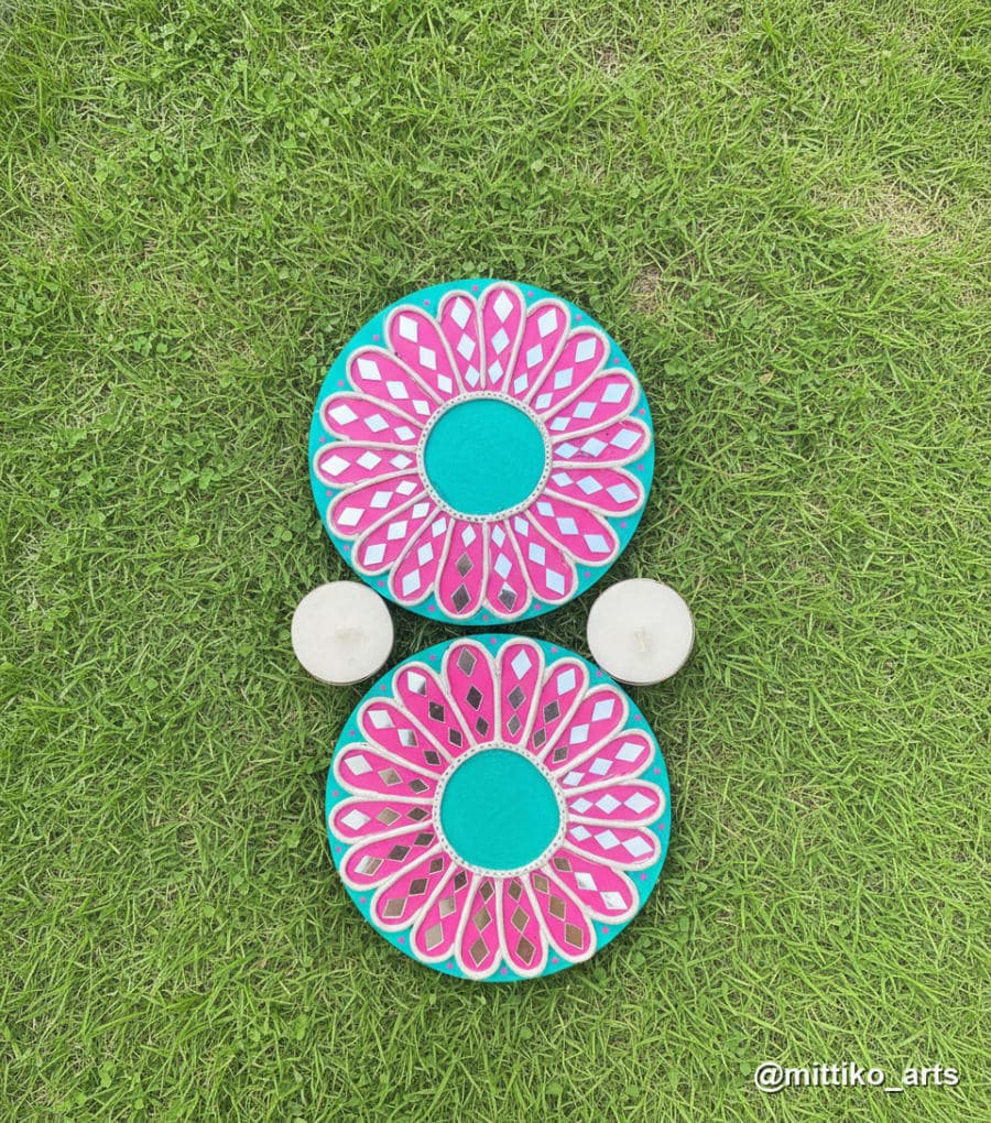 Pink Diamond Daisy Diya Plate Set of 2 – Teal Centre