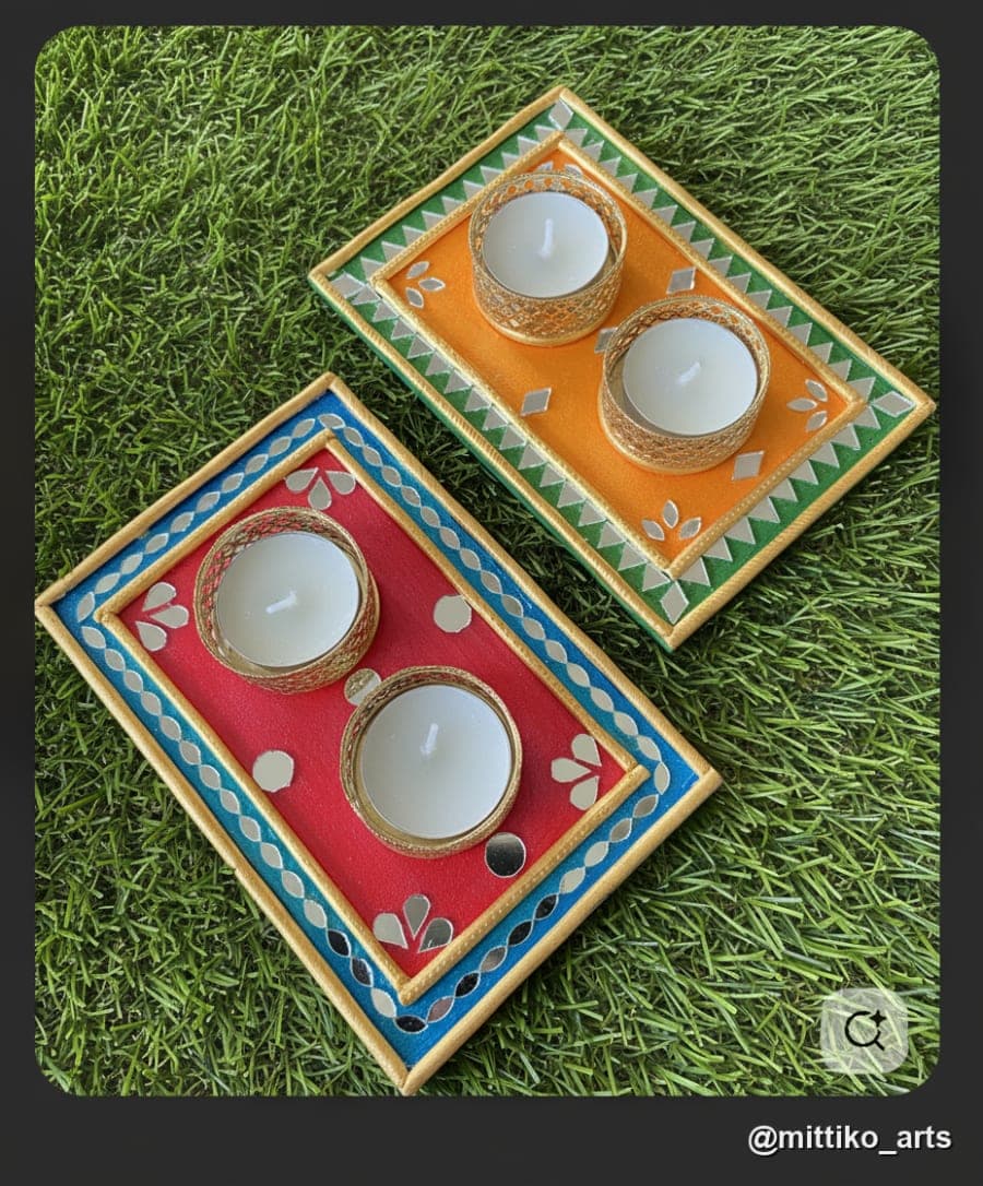 Rectangular Twin-Diya Tray Set of 2 – Red & Mustard