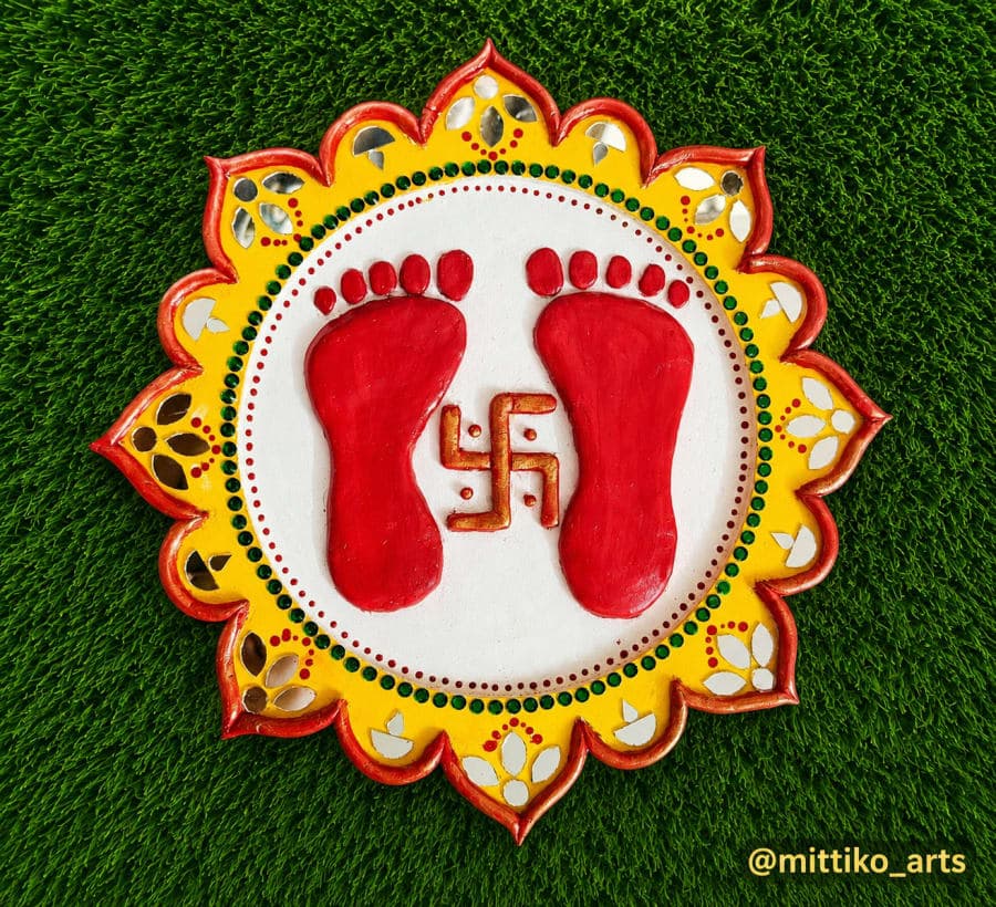 Lakshmi Charan Mandala Wall Plate – Mustard with Red Feet