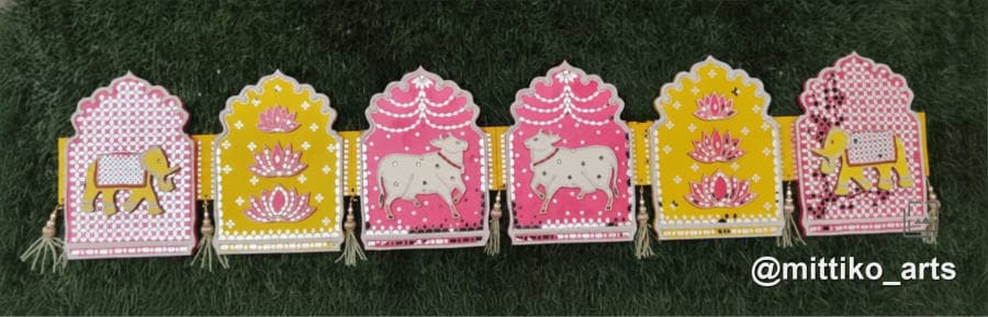 Jharokha Cow Pichwai Toran – Pink & Mustard 48 inch
