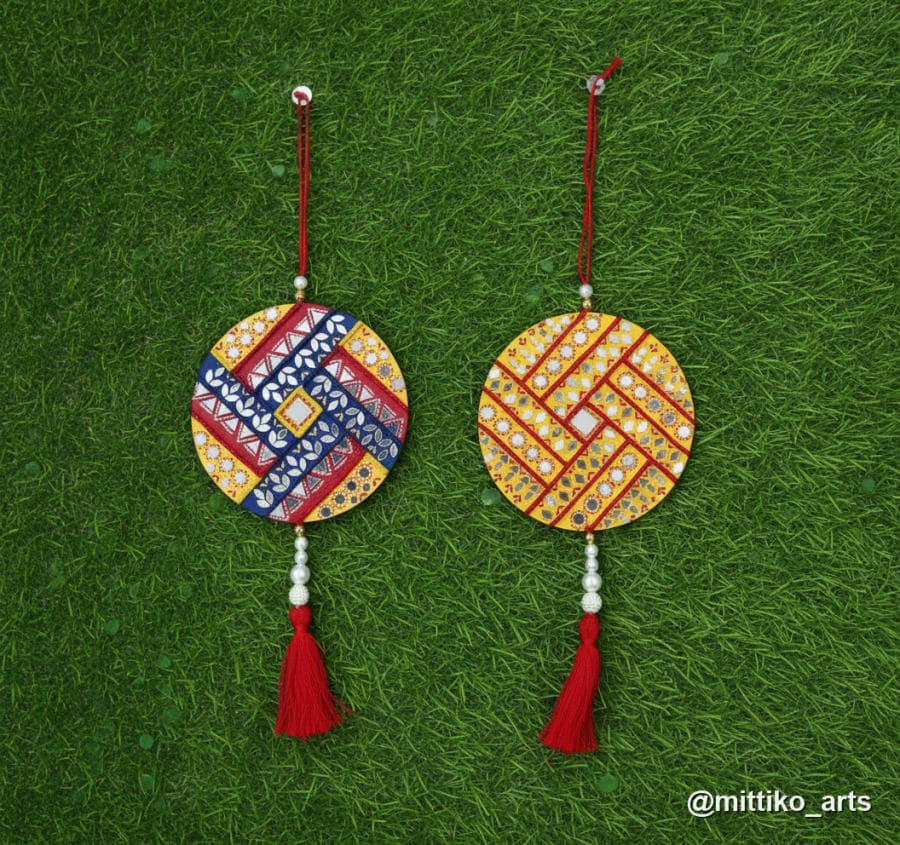 Mini Sathiya Wall Hanging Pair – Red & Yellow with Mirror Inlay