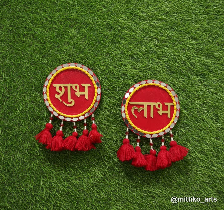 Shubh Labh Mirror Mosaic Wall Hangings – Bold Red & Gold