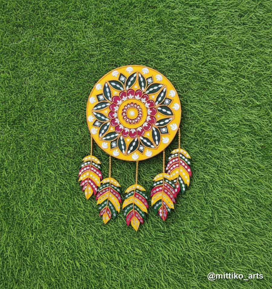 Floral Dream Catcher Wall Hanging – Mustard with Leaf Tassels