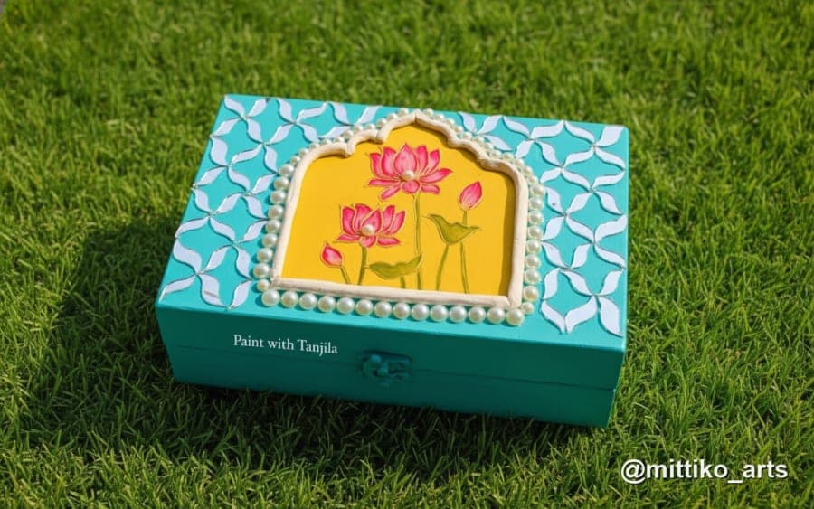 Pichwai Lotus Jewellery Box – Teal & Pink Lid 8×6×6