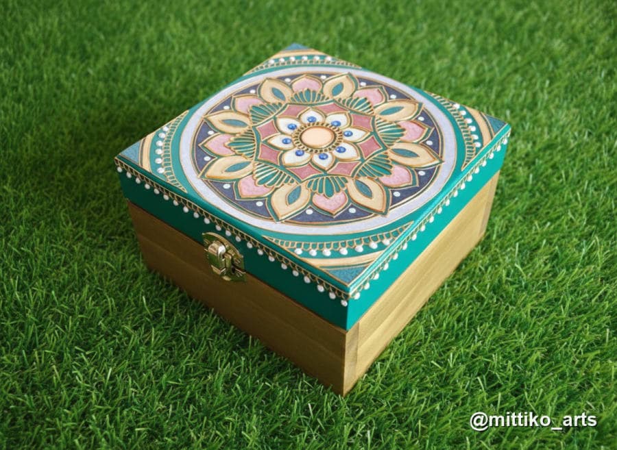 Mandala Laser-Cut Jewellery Box – Teal with Gold Lotus Lid