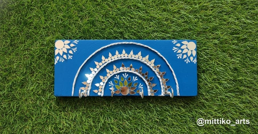 Mandala Mirror Key Holder – Royal Blue with Ivory Petals 12×6