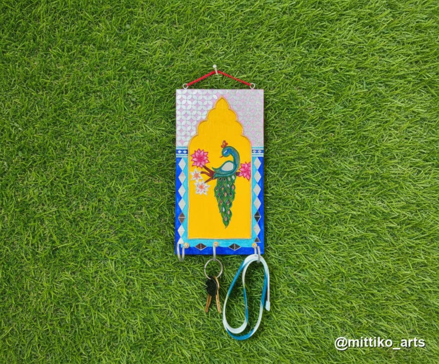Peacock Jharokha Key Holder – Yellow Temple Arch 12×14