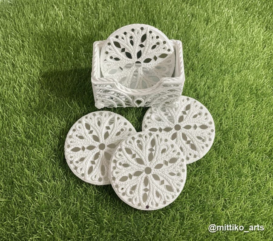 White Macrame-style Tea Coaster Set with Holder – 6×6