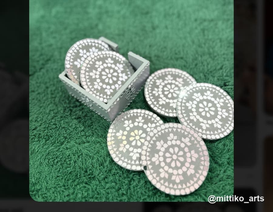 White Mandala Round Tea Coaster Set with Holder