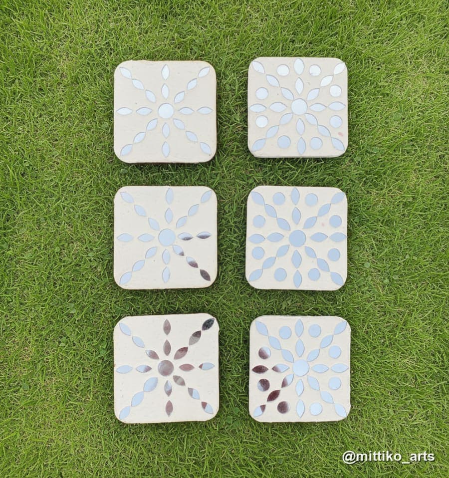 Mirror Petal Square Tea Coaster Set of 6 – Ivory & Maroon