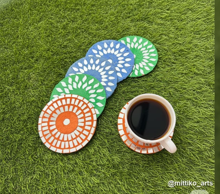 Mosaic Round Tea Coaster Set of 4 – Blue, Green & Orange