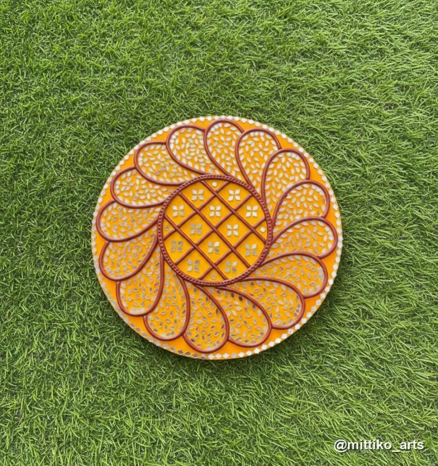 Lattice Jaali Round Photo Frame – Mustard Yellow & Orange