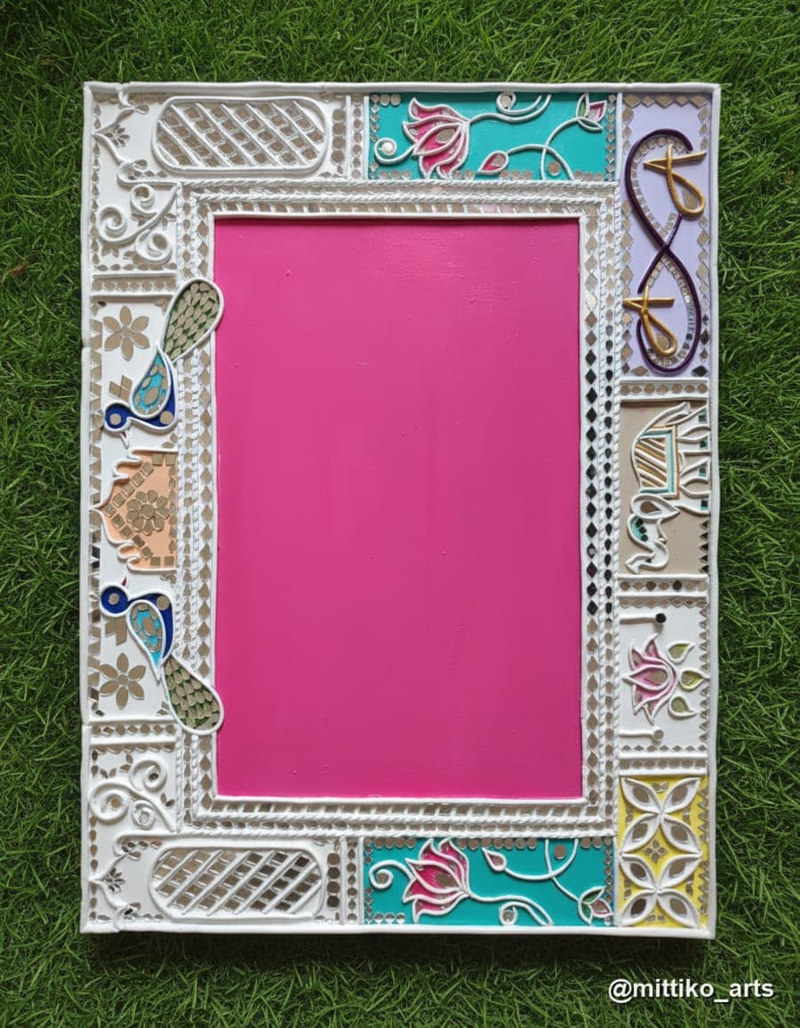 Macrame Theme Wedding Photo Frame – Ivory & Multicolour Motifs