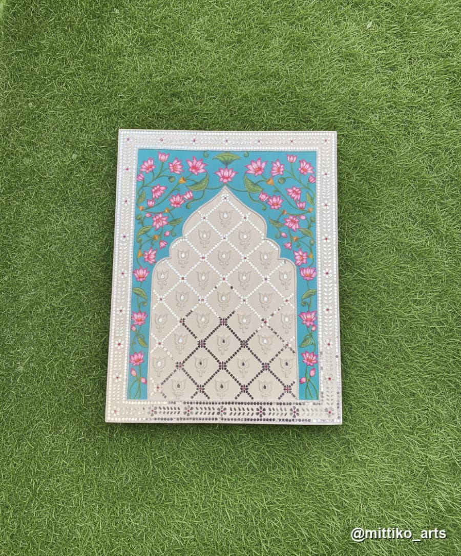 Pichwai Lotus Jharokha Wall Frame – Cream, Teal & Pink