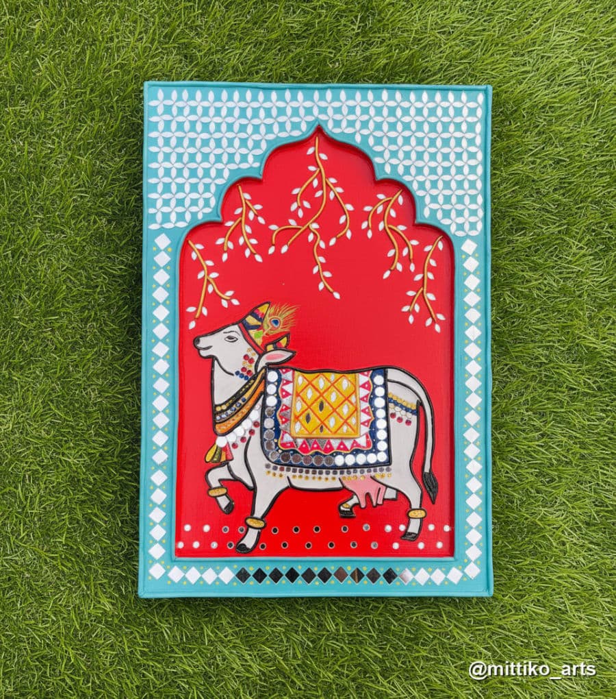 Sacred Cow in Crimson Jharokha Wall Frame – Teal Border