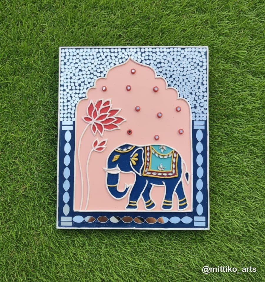 Peach Jharokha with Navy Elephant & Red Lotus