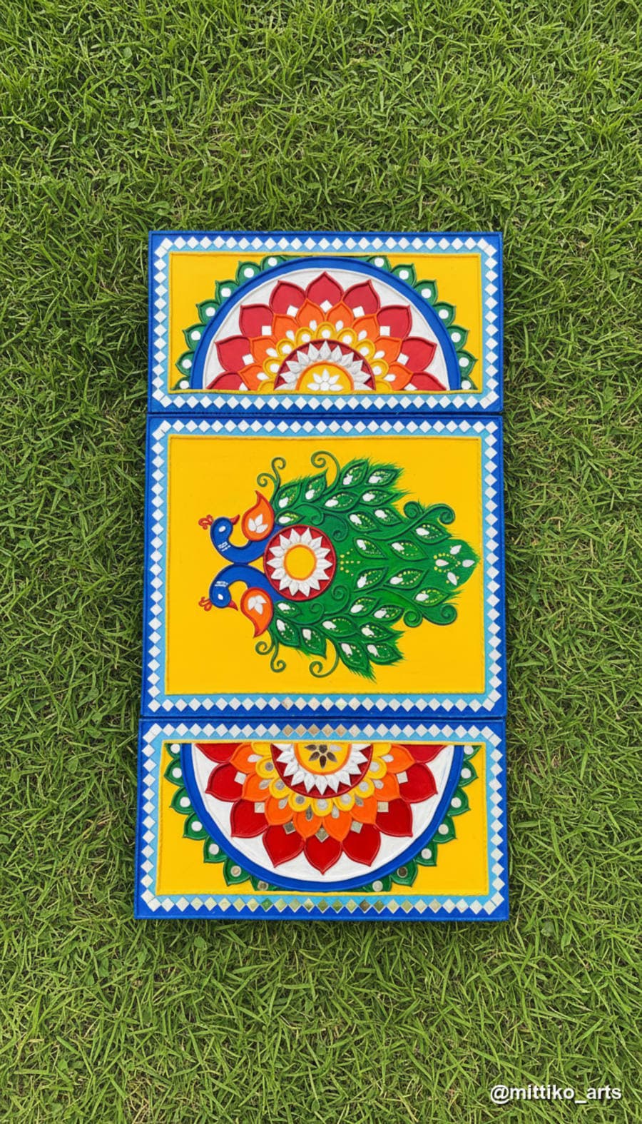 Peacock & Twin Mandala Three-Panel Wall Set – Bright Yellow