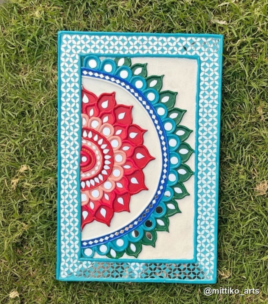 Vibrant Half-Mandala Wall Panel – Red, Teal & Cream