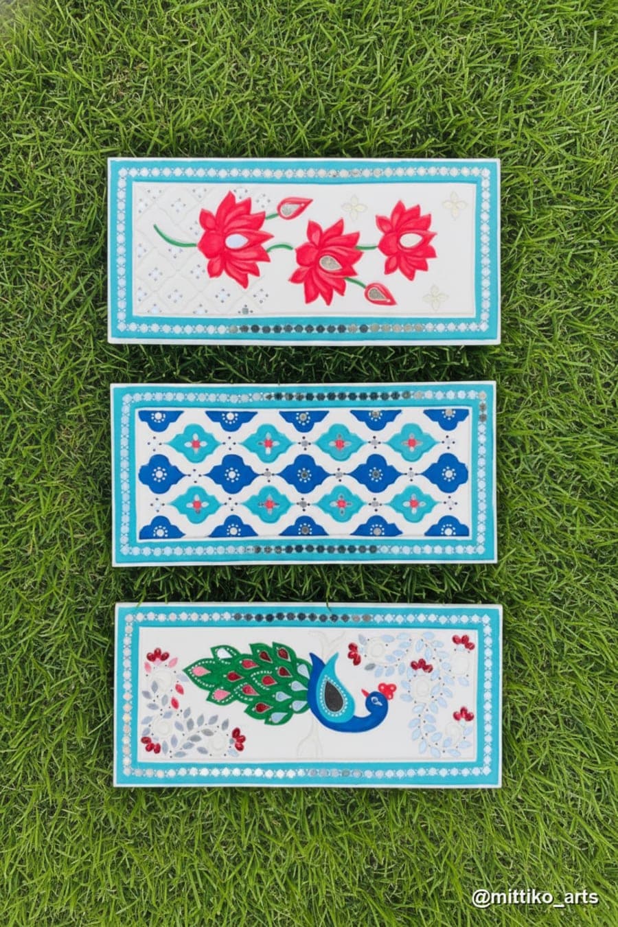 Peacock, Lotus & Jaali Three-Panel Wall Set – White & Teal