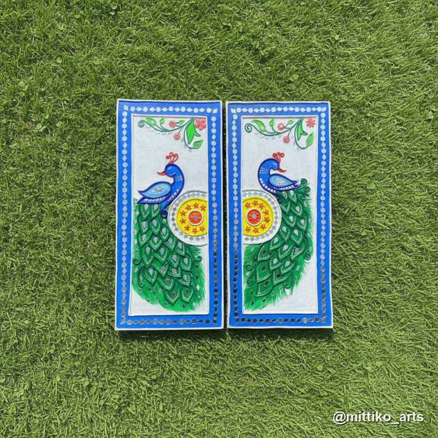 Twin Peacock Two-Panel Wall Set – White & Royal Blue