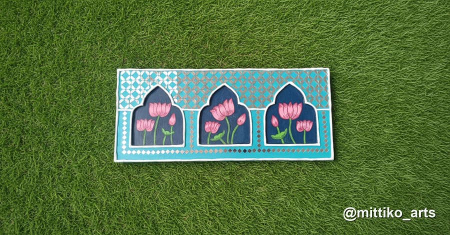 Triple Lotus Jharokha Wall Panel – Teal & Navy