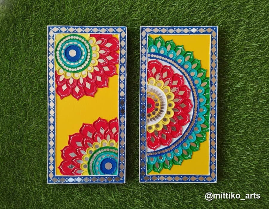 Vibrant Mandala Two-Panel Wall Set – Yellow & Multicolour