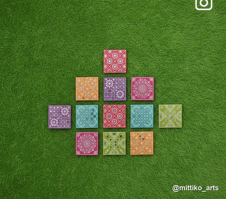 Mini Frame Wall Tiles – Set of 9 Multicolour Lippan Squares