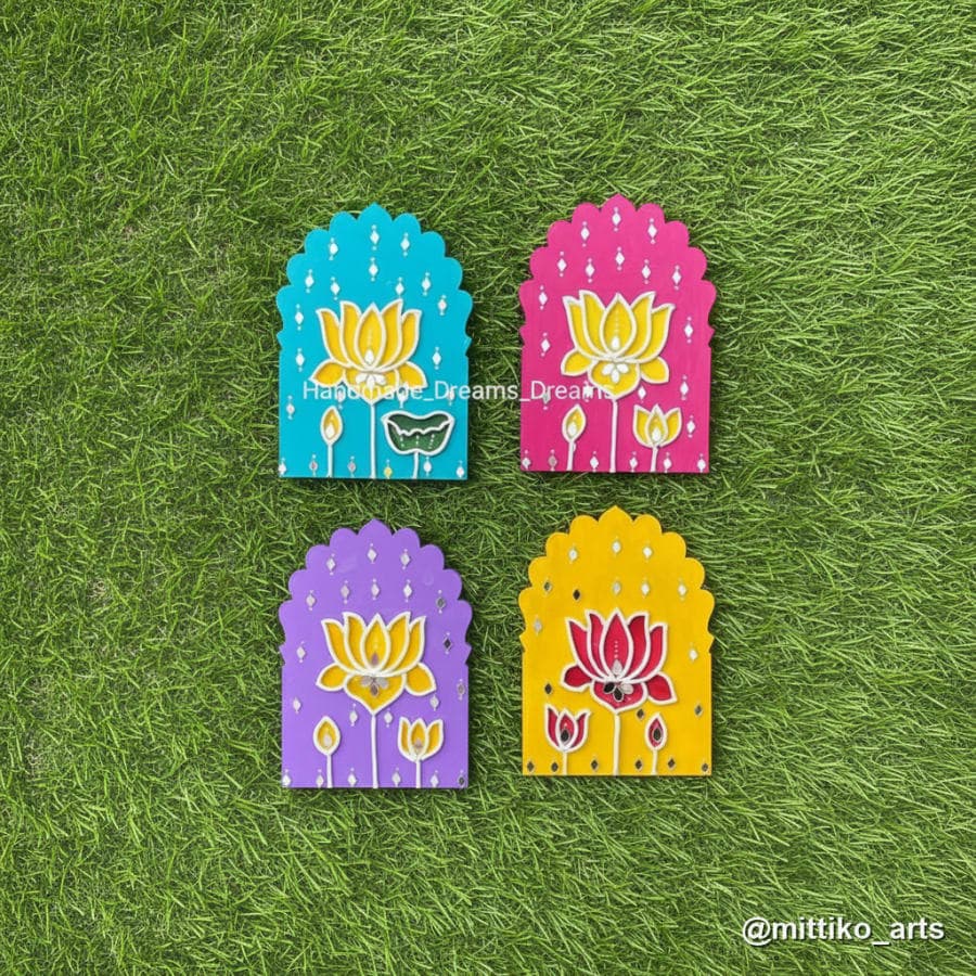 Jharokha Lotus Mini Panels – Set of 4 Pastel Wall Hangings