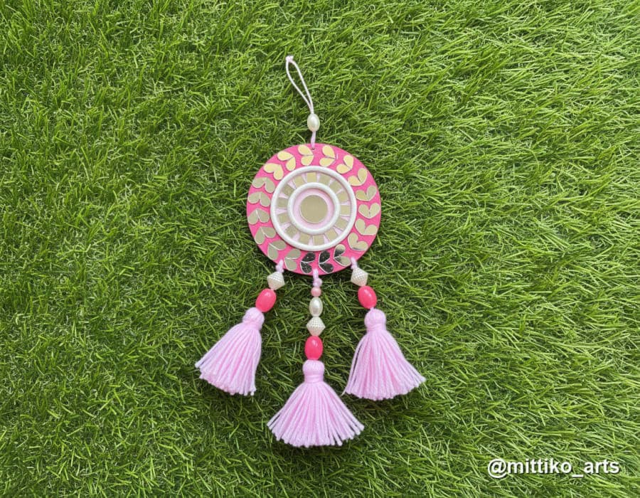 Pink Mirror Petal Car Hanging – Round with Tassel & Beads