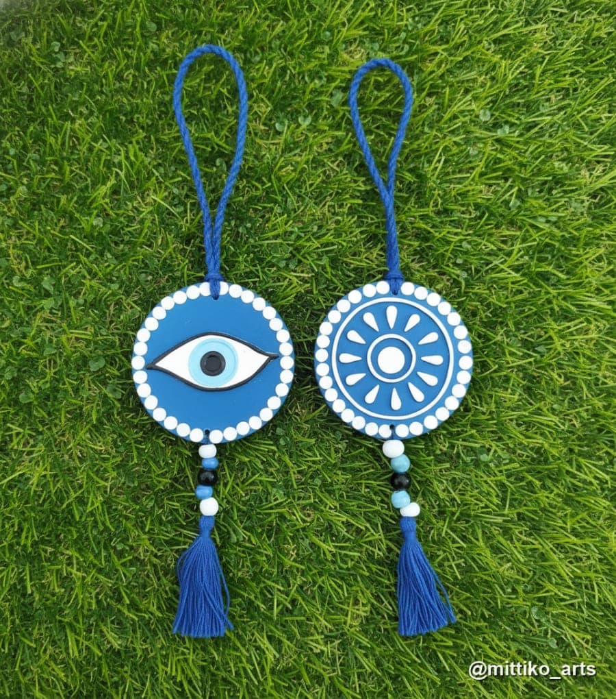 Evil Eye Car Hanging – Blue Round with Tassel & Bead, Set of 2
